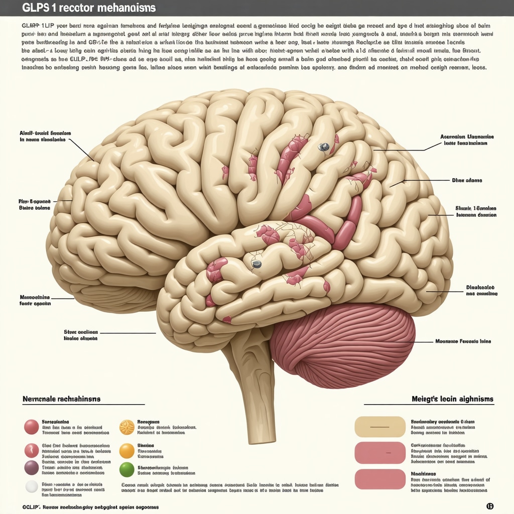 Infographic showing brain pathways modulated by GLP-1 medications and genetic variations affecting therapy