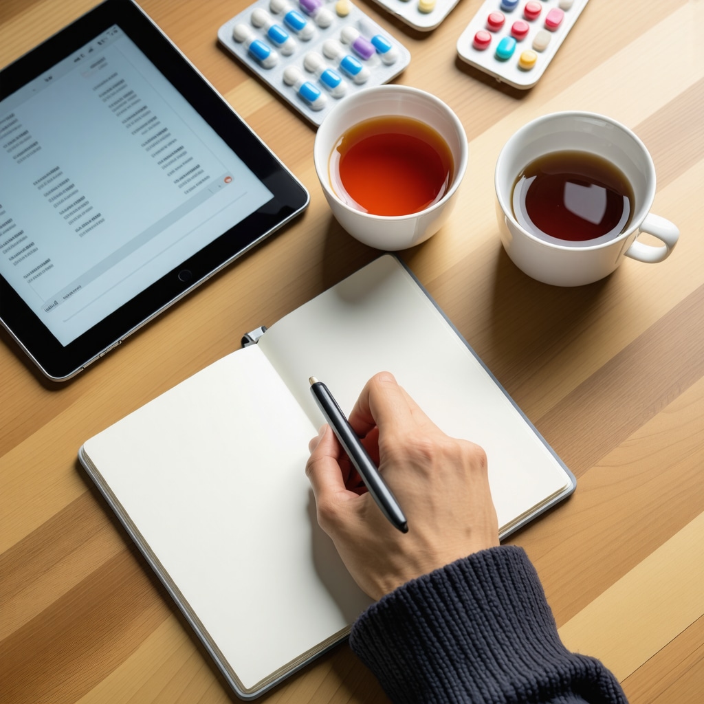 Individual journaling and using health tracking apps representing personal weight loss journey