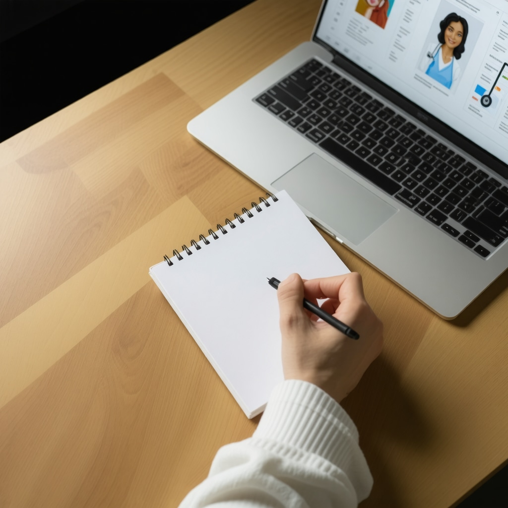 Person writing in journal beside laptop displaying health data and online doctor consultation