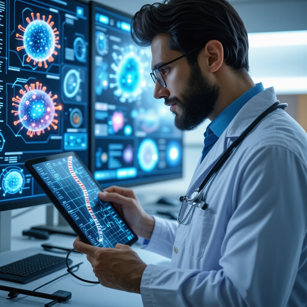 Doctor reviewing patient's genetic and microbiome data on digital tablet for personalized weight loss plan