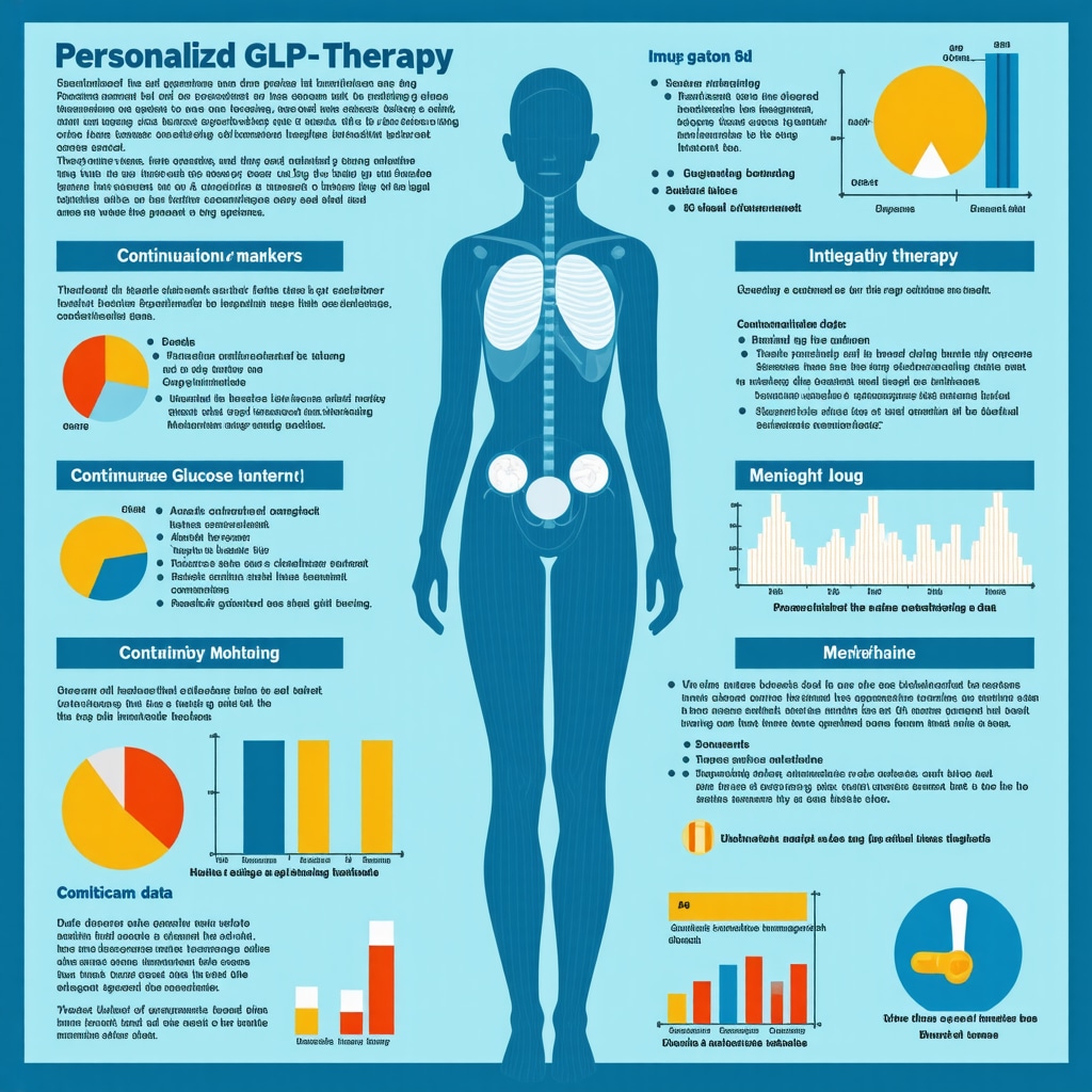 Infographic showing personalized GLP-1 weight loss treatment using genetic data, glucose monitoring, and combination therapies