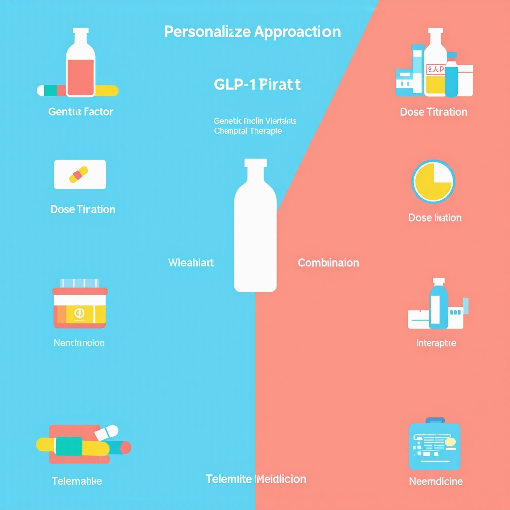 Infographic showing personalized GLP-1 weight loss medication strategies including genetics, dose adjustments, combination therapy, and telemedicine