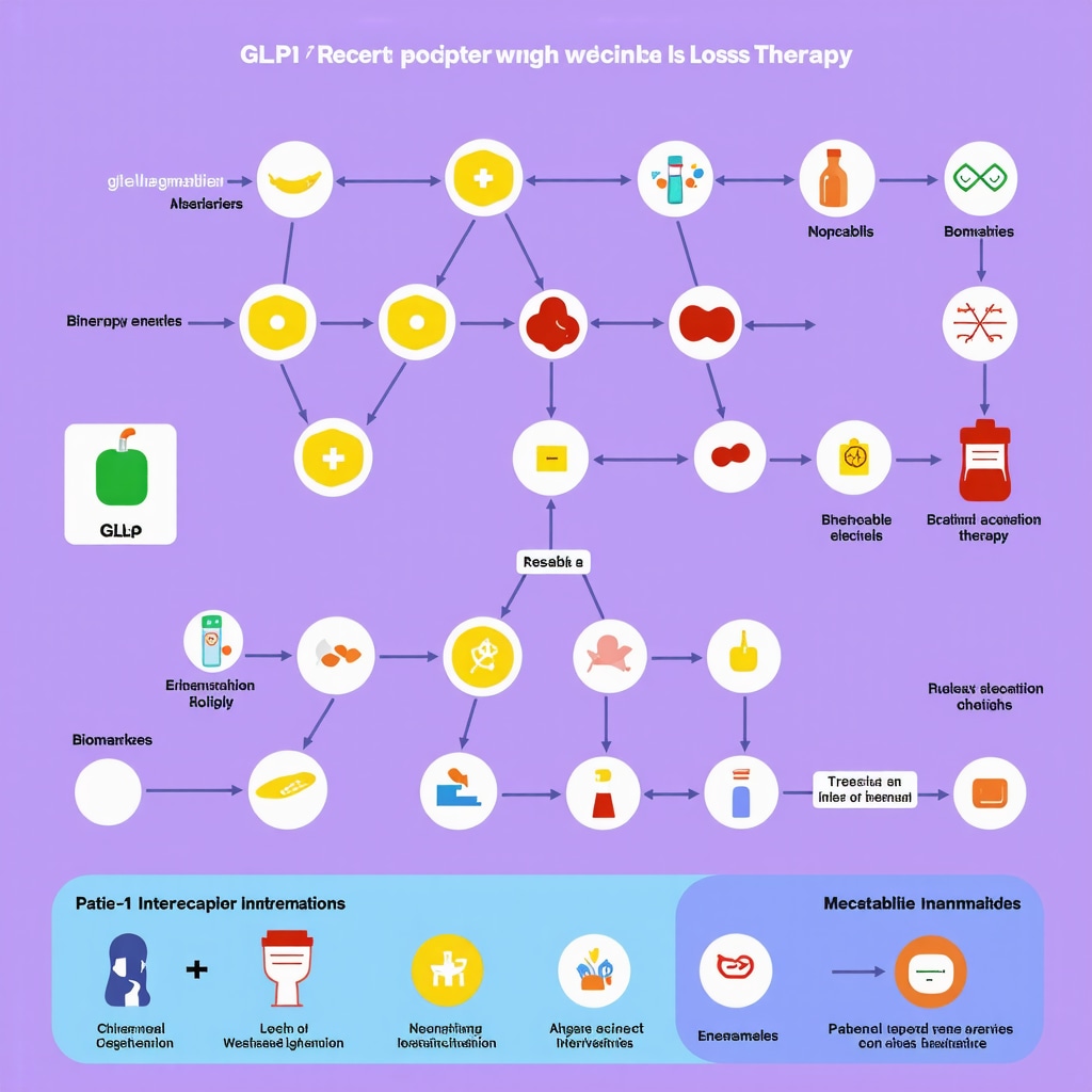 Infographic showing GLP-1 receptor agonists, biomarkers, and behavioral interventions in weight loss therapy