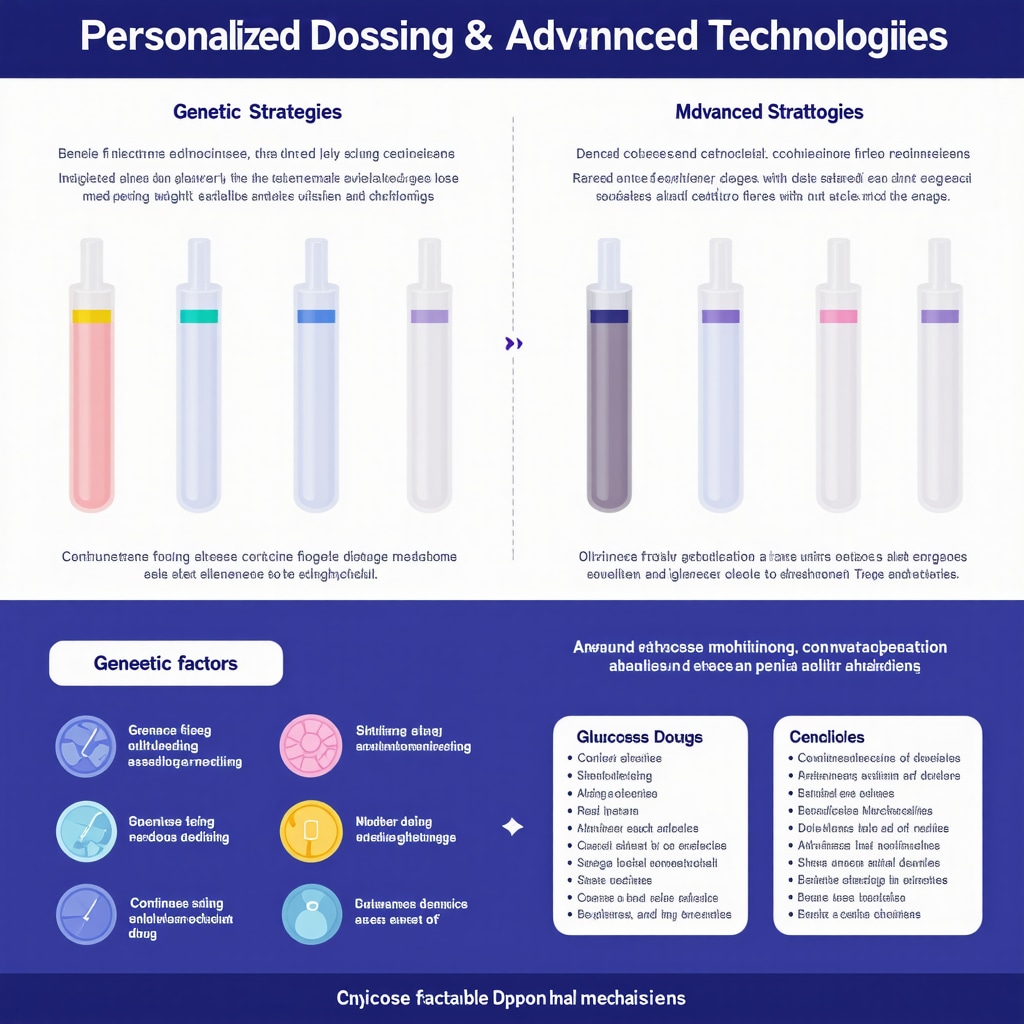 Infographic depicting personalized dosing, genetic influences, and monitoring tools for injectable weight loss medications
