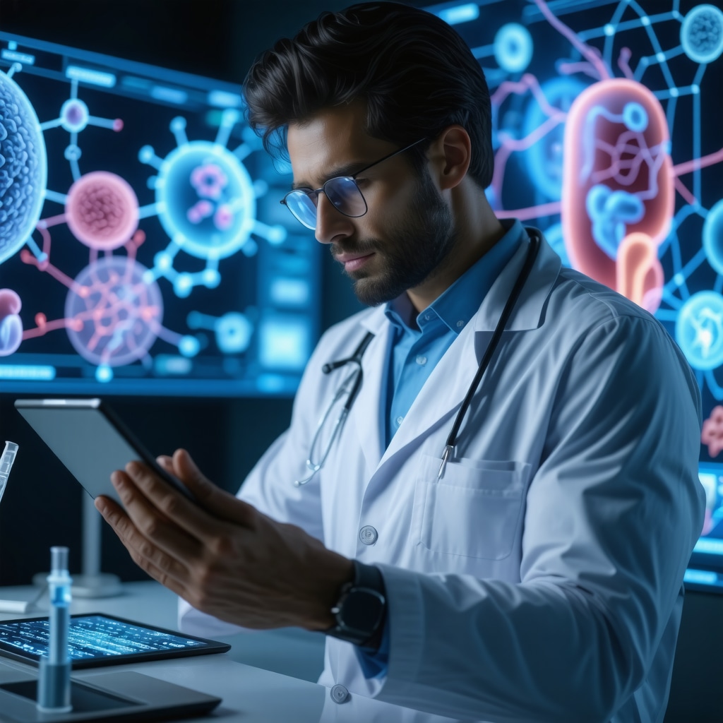 Physician reviewing biomarker data for personalized injectable weight loss treatment in a high-tech clinical environment
