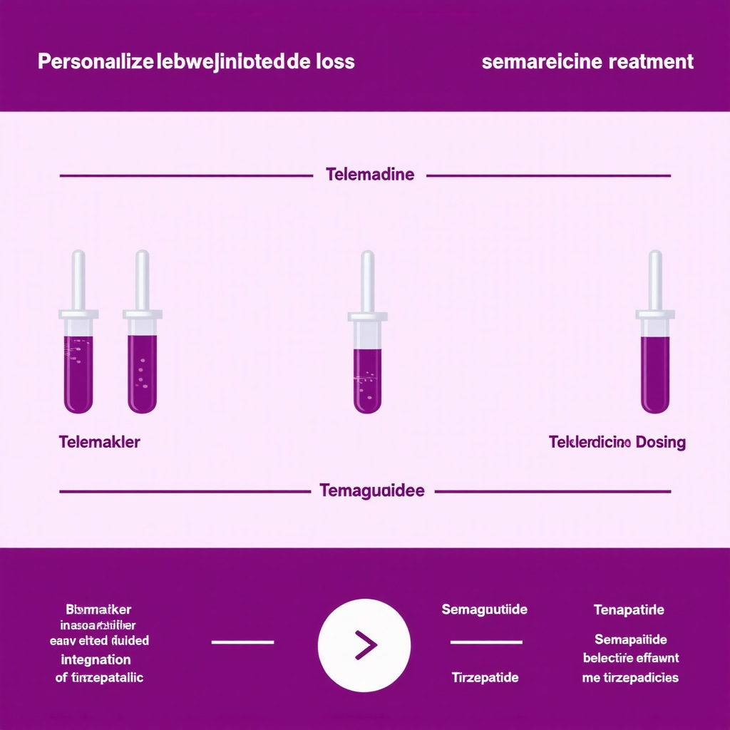Infographic showing personalized injectable weight loss treatment pathways with biomarker guidance and telemedicine integration