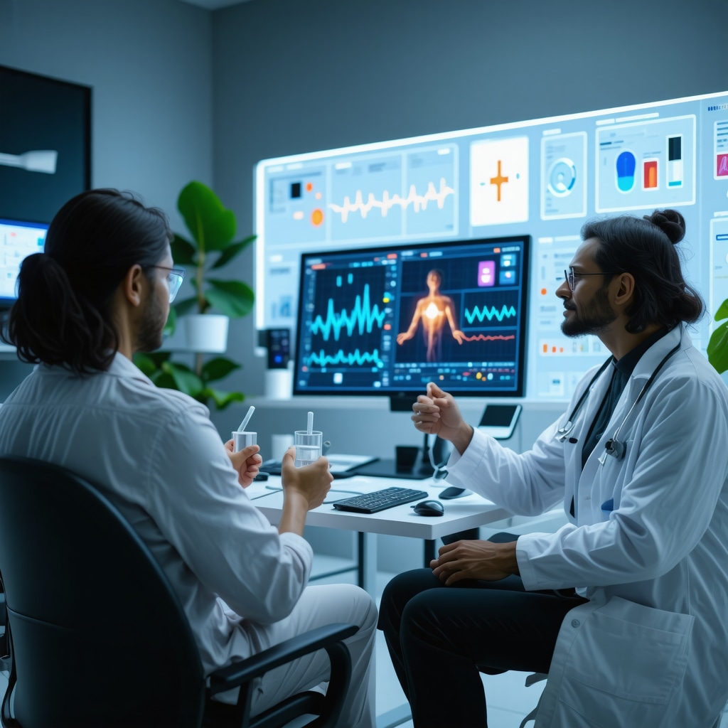 Doctor and patient discussing personalized weight loss medication plan with digital health data visuals