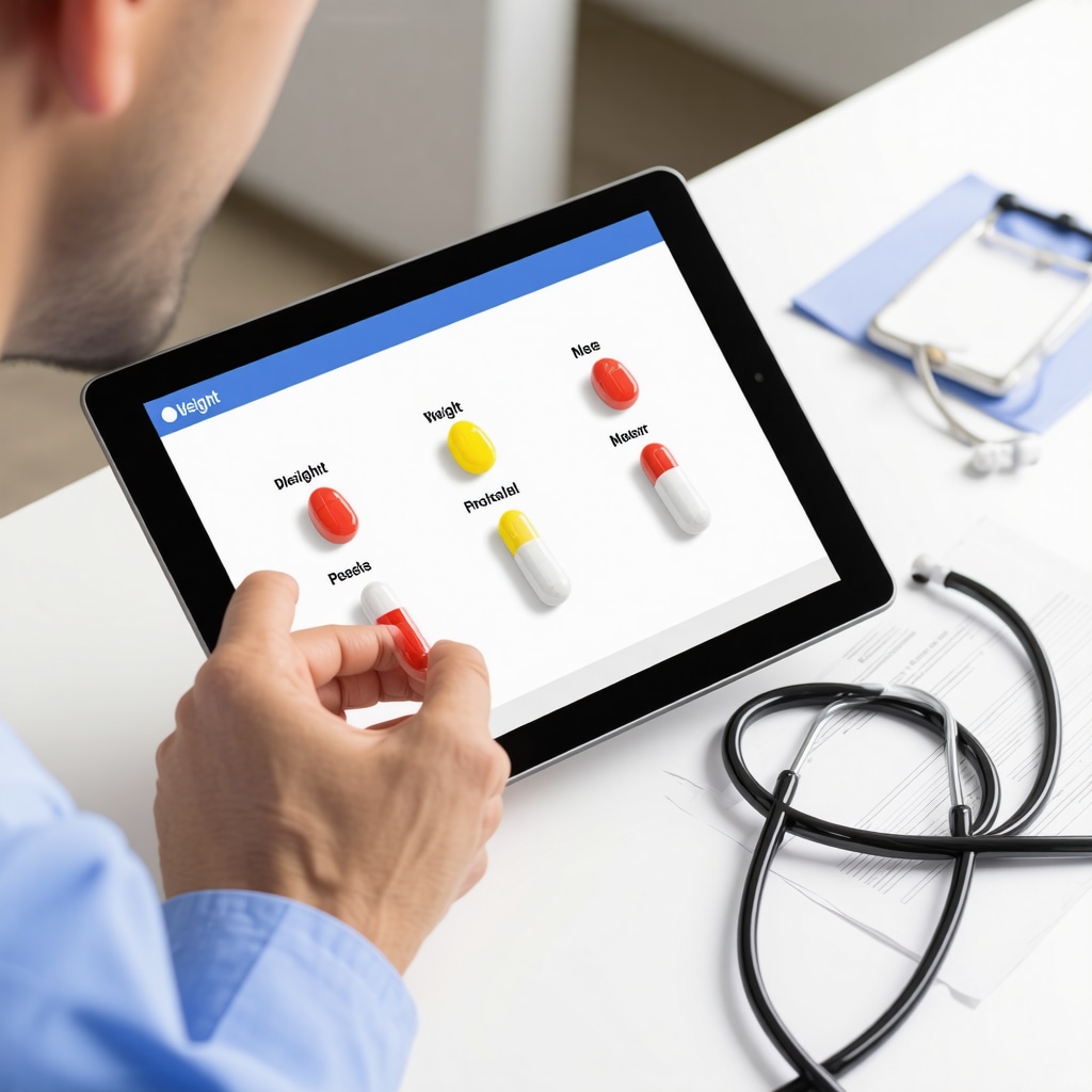 Person reviewing weight loss medication options with medical documents and stethoscope