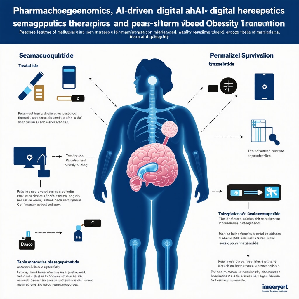 Infographic showing genetic profiling, AI health apps, wearable monitors, and semaglutide and tirzepatide mechanisms in obesity treatment