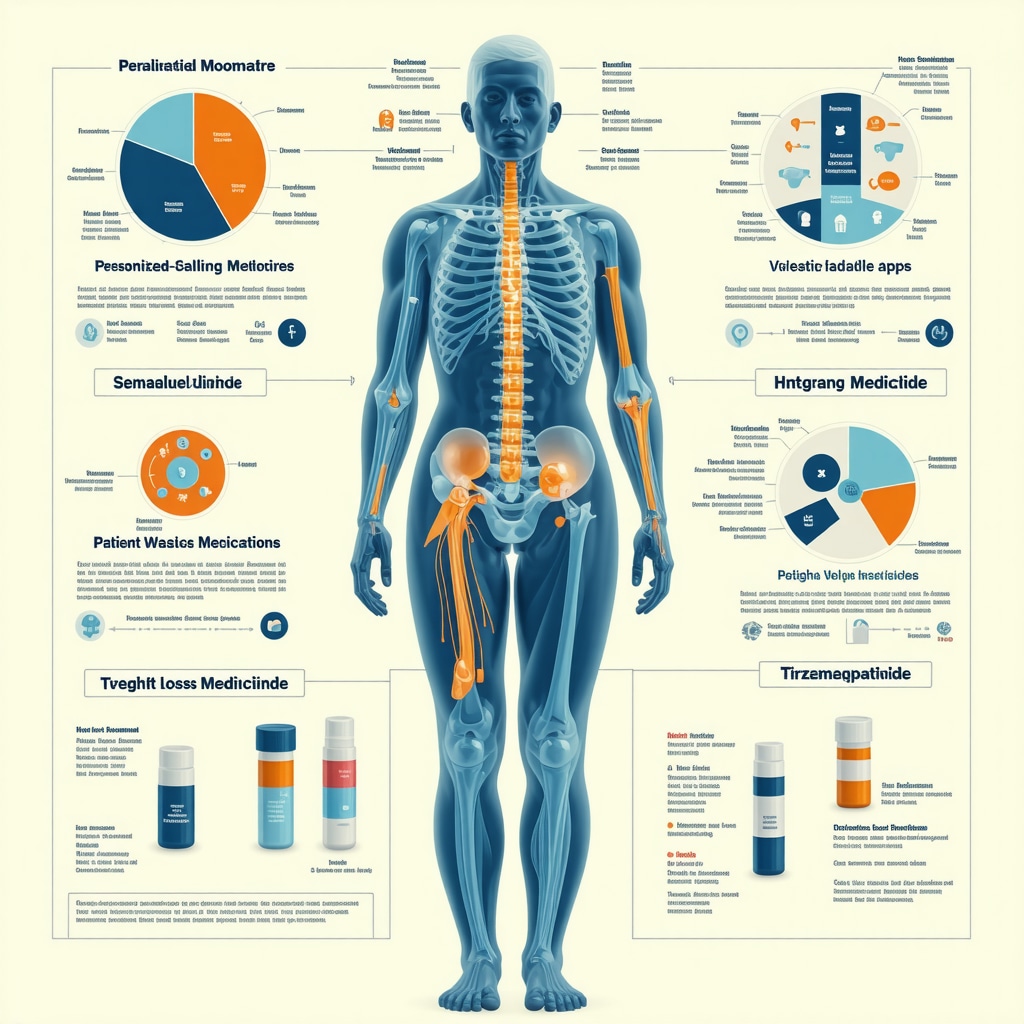 Infographic showing personalized medicine approach combining biomarkers, digital apps, and weight loss drugs Semaglutide and Tirzepatide