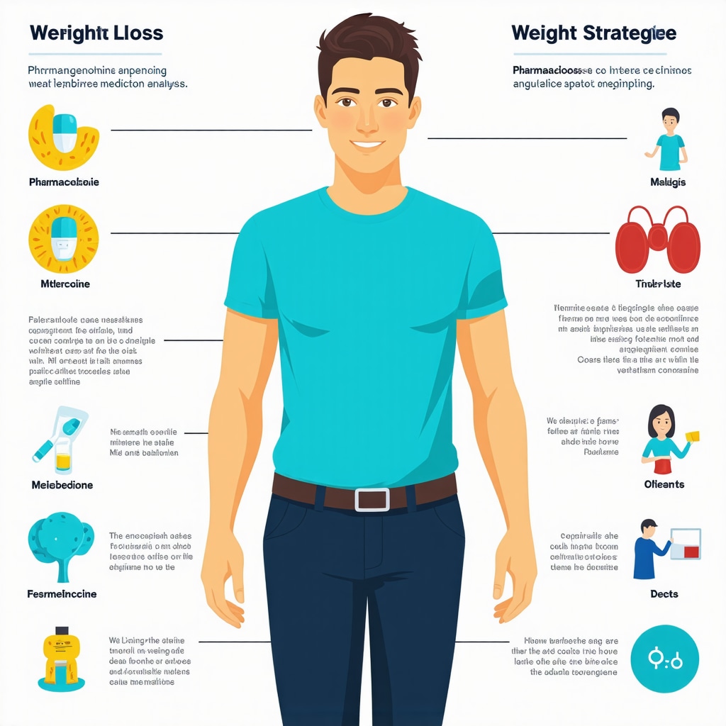 Infographic illustrating integration of pharmacogenomics, microbiome, telemedicine in personalized weight loss medication plans