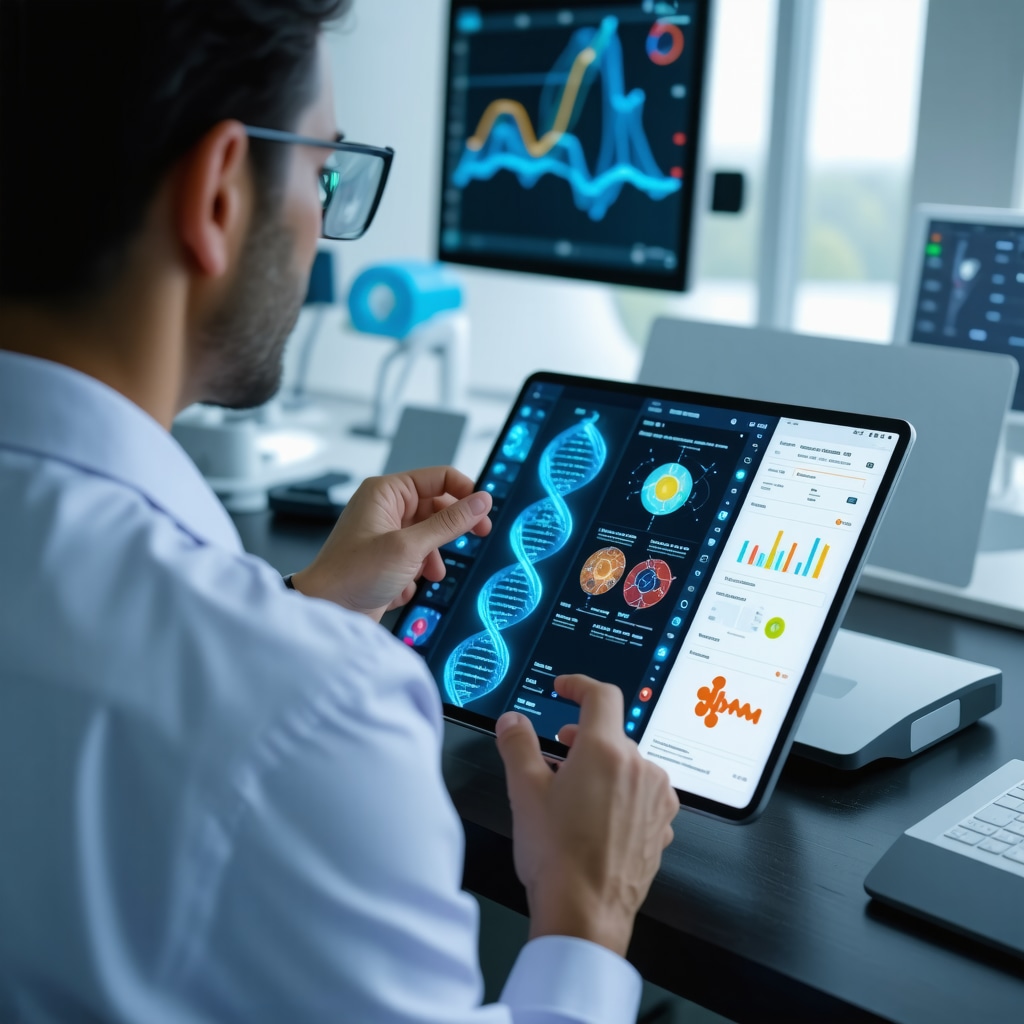 Doctor reviewing genetic data on tablet with patient wearing health tracker in futuristic clinical setting