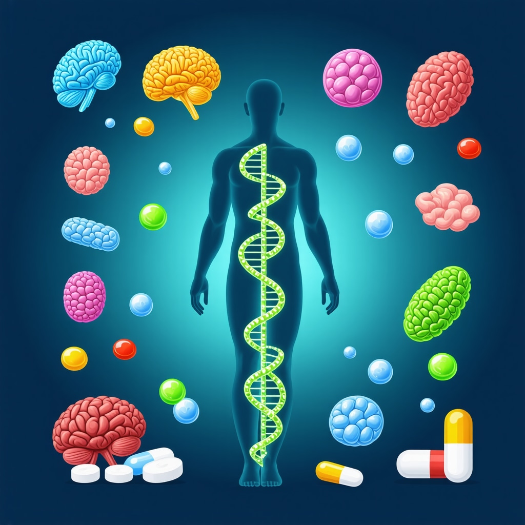 DNA strands with human silhouette and icons for microbiome, brain, and medication capsules representing personalized weight loss therapy