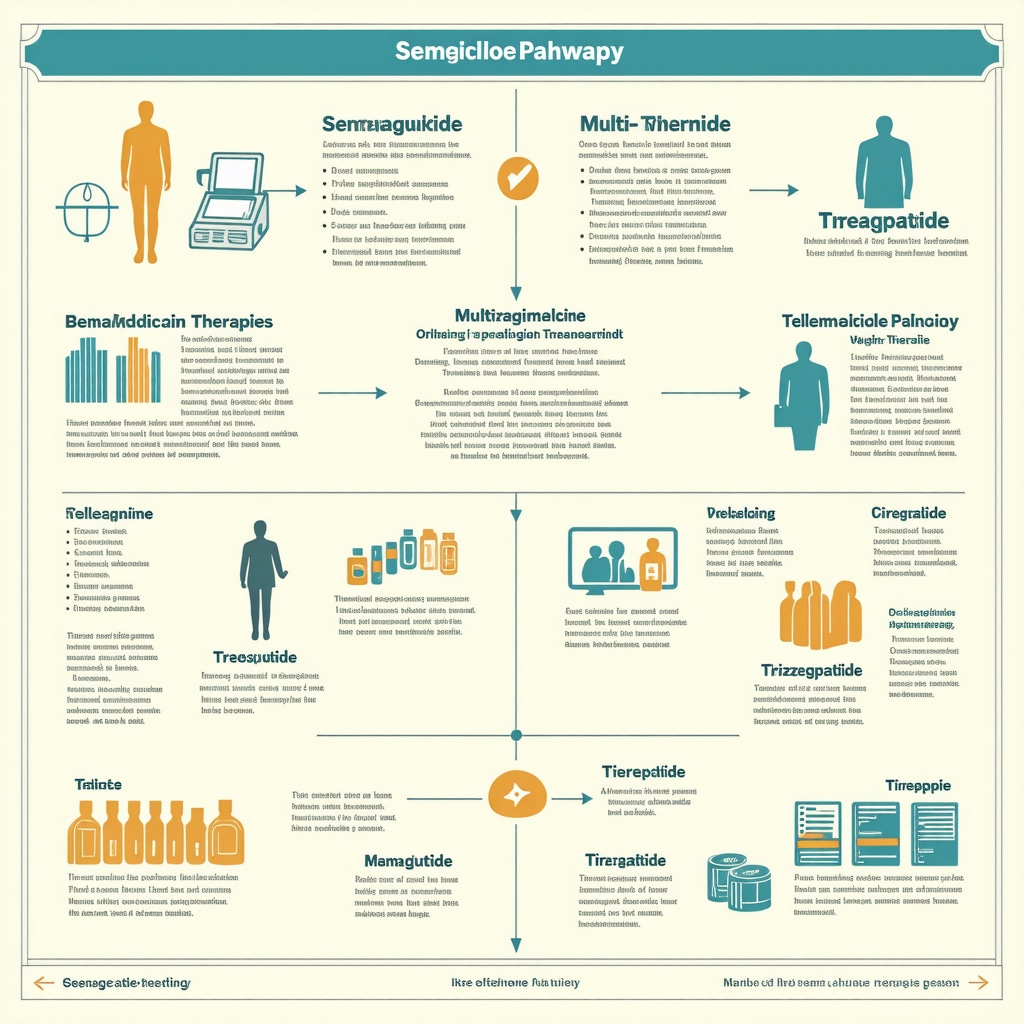 Infographic illustrating genetic testing, multi-receptor agonists, and telemedicine in weight loss therapy