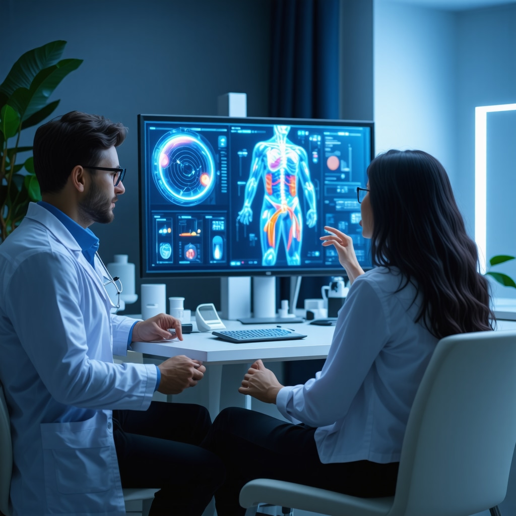 Doctor and patient reviewing digital genetic data and health metrics for personalized weight loss therapy