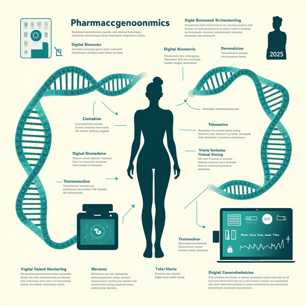 Infographic depicting DNA strands, wearable health monitors, and telemedicine consultations illustrating personalized weight loss strategies