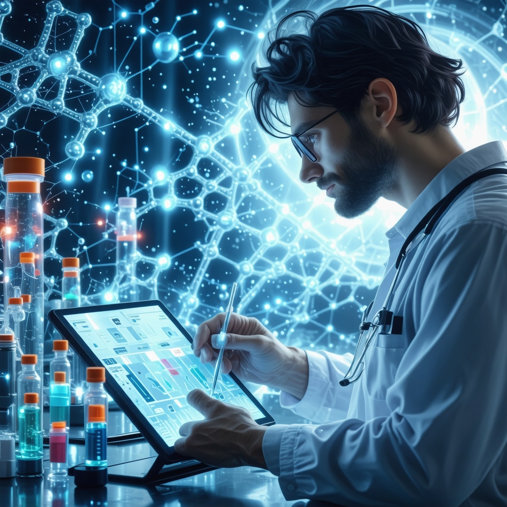Doctor reviewing genetic data with patient next to injectable weight loss medication and molecular diagrams
