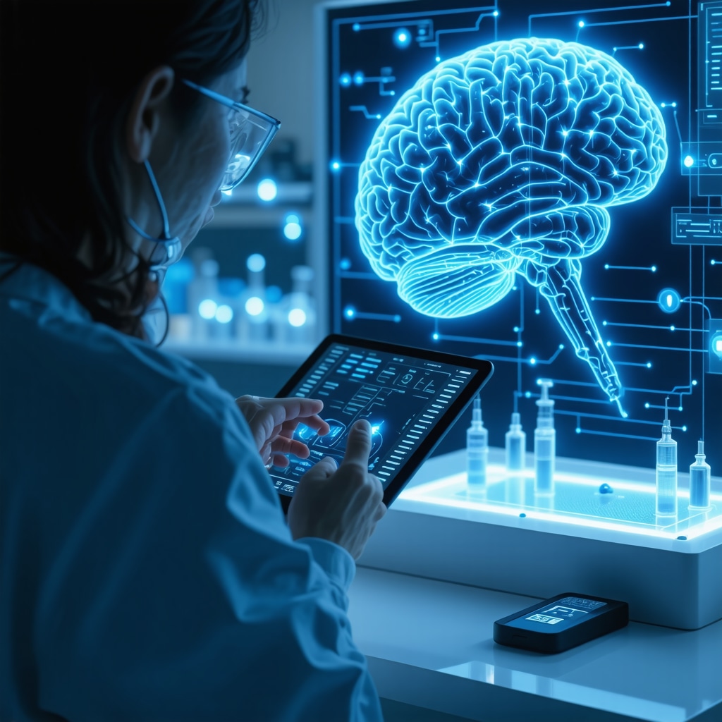 Healthcare professional reviewing pharmacogenomic data alongside wearable biosensor outputs with neuroendocrine brain circuitry illustration