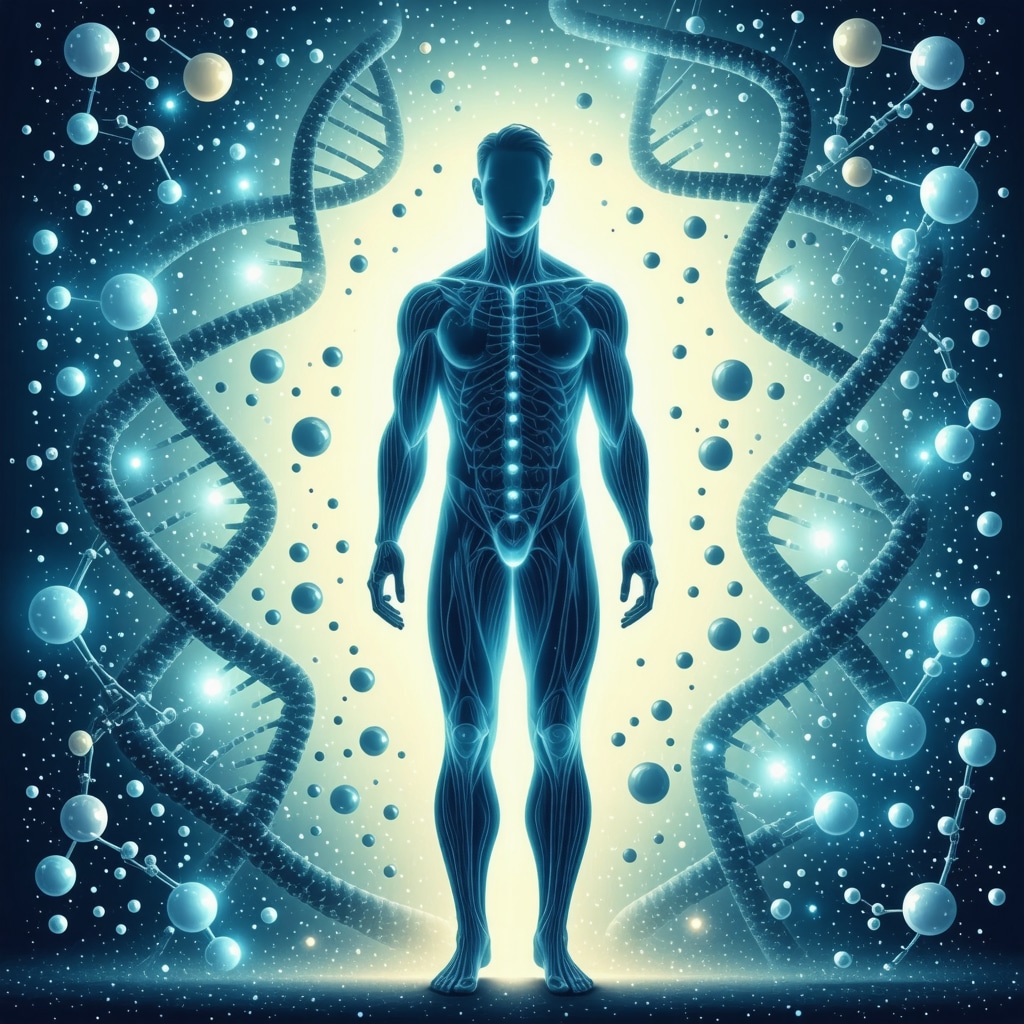 Human silhouette with DNA strands and molecular structures symbolizing personalized medicine in obesity treatment