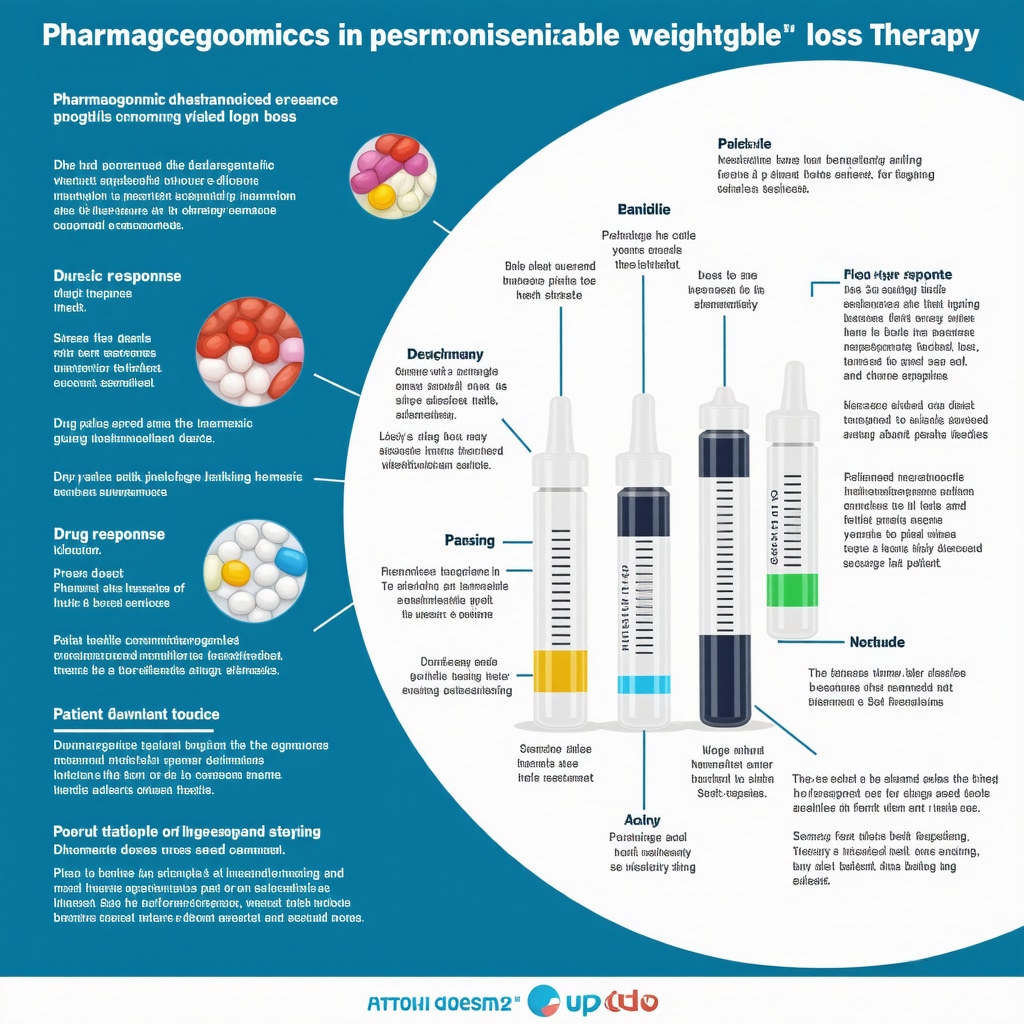 Infographic showing genetic pathways and personalized dosing strategies in injectable weight loss treatments