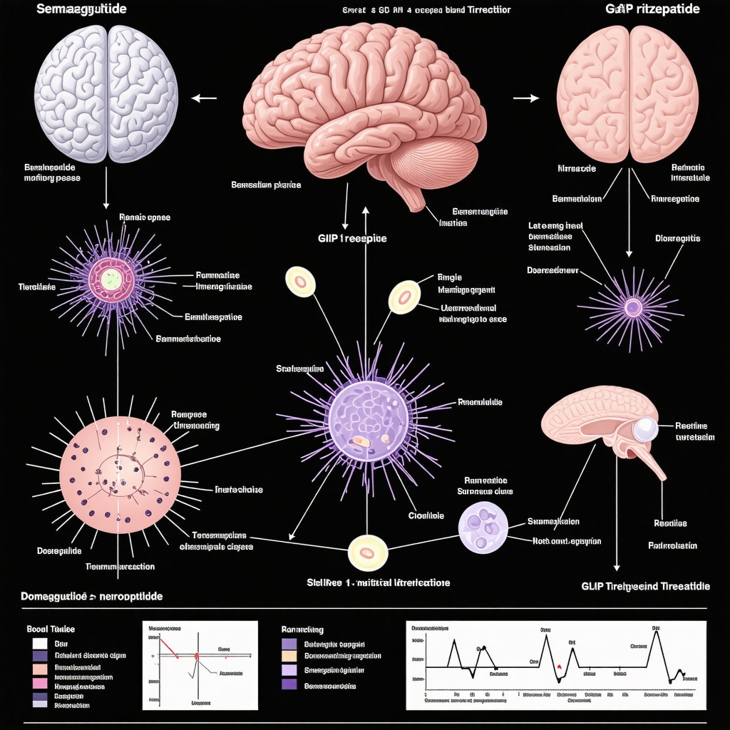 Infographic showing GLP-1 and GIP receptor mechanisms, neuroendocrine pathways, and dose titration for Semaglutide and Tirzepatide