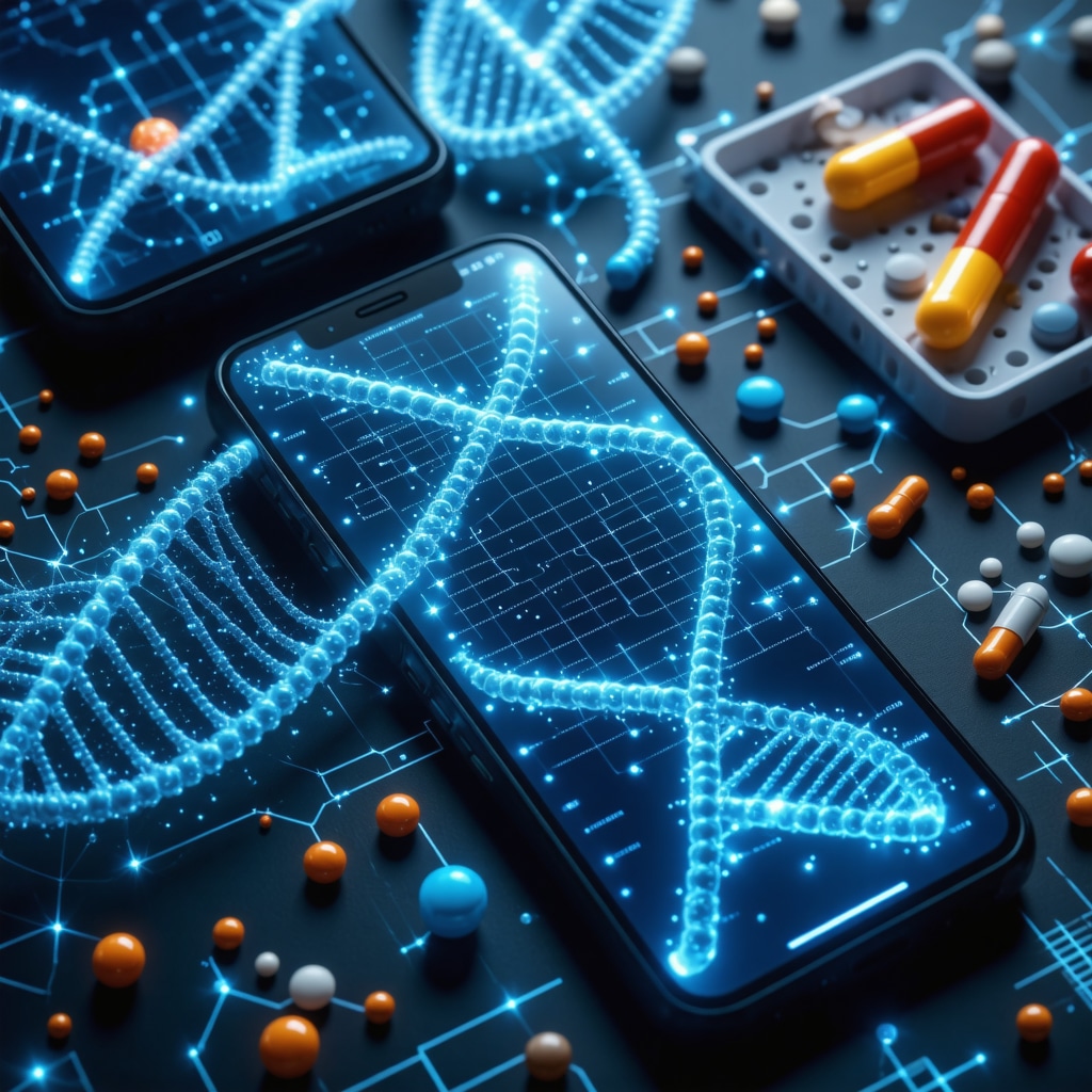 Digital interface depicting DNA, AI coaching apps, and personalized weight loss medication plans