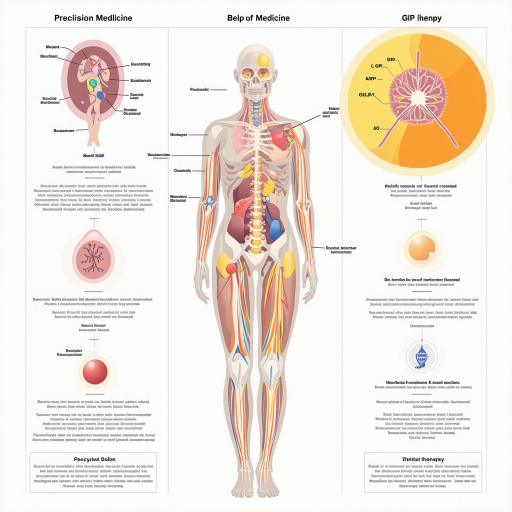 Infographic illustrating genetic influences and behavioral therapy combined with semaglutide and tirzepatide treatment