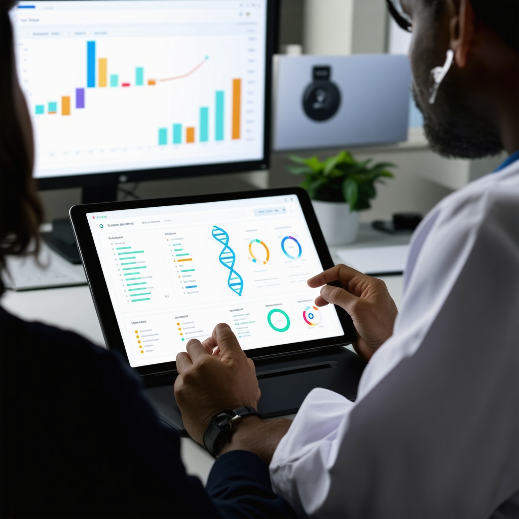 Digital interface showing genetic and biomarker data alongside telemedicine consultation for weight loss treatment
