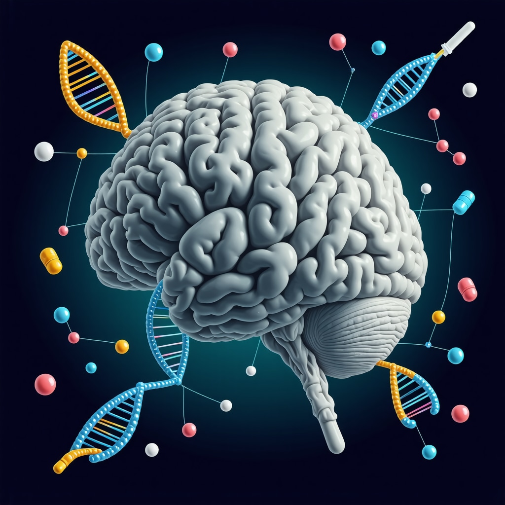 Illustration showing DNA helix, brain appetite regulation, and injectable medication representing personalized obesity treatment