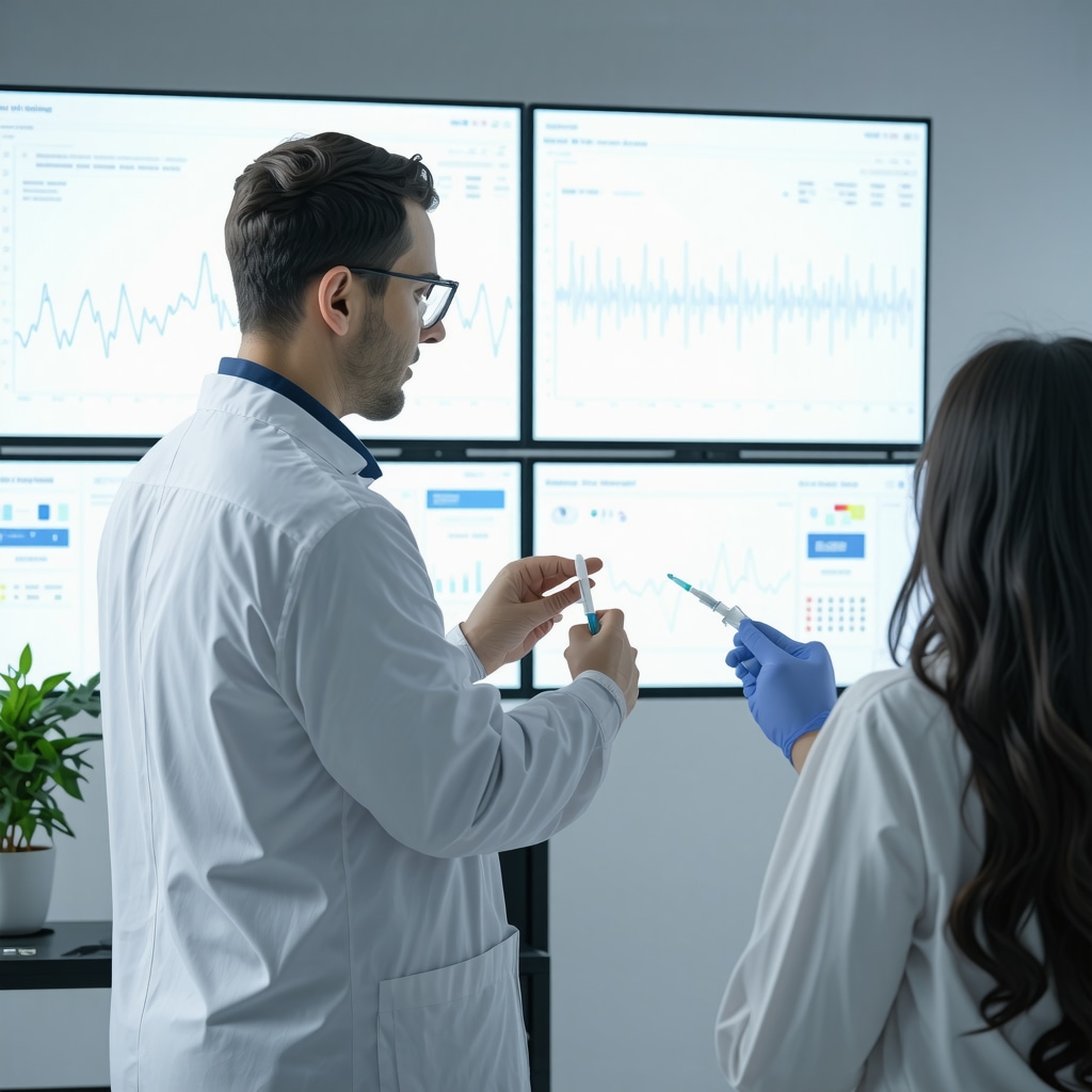 Doctor reviewing genomic and metabolic data on digital screens during injectable weight loss treatment