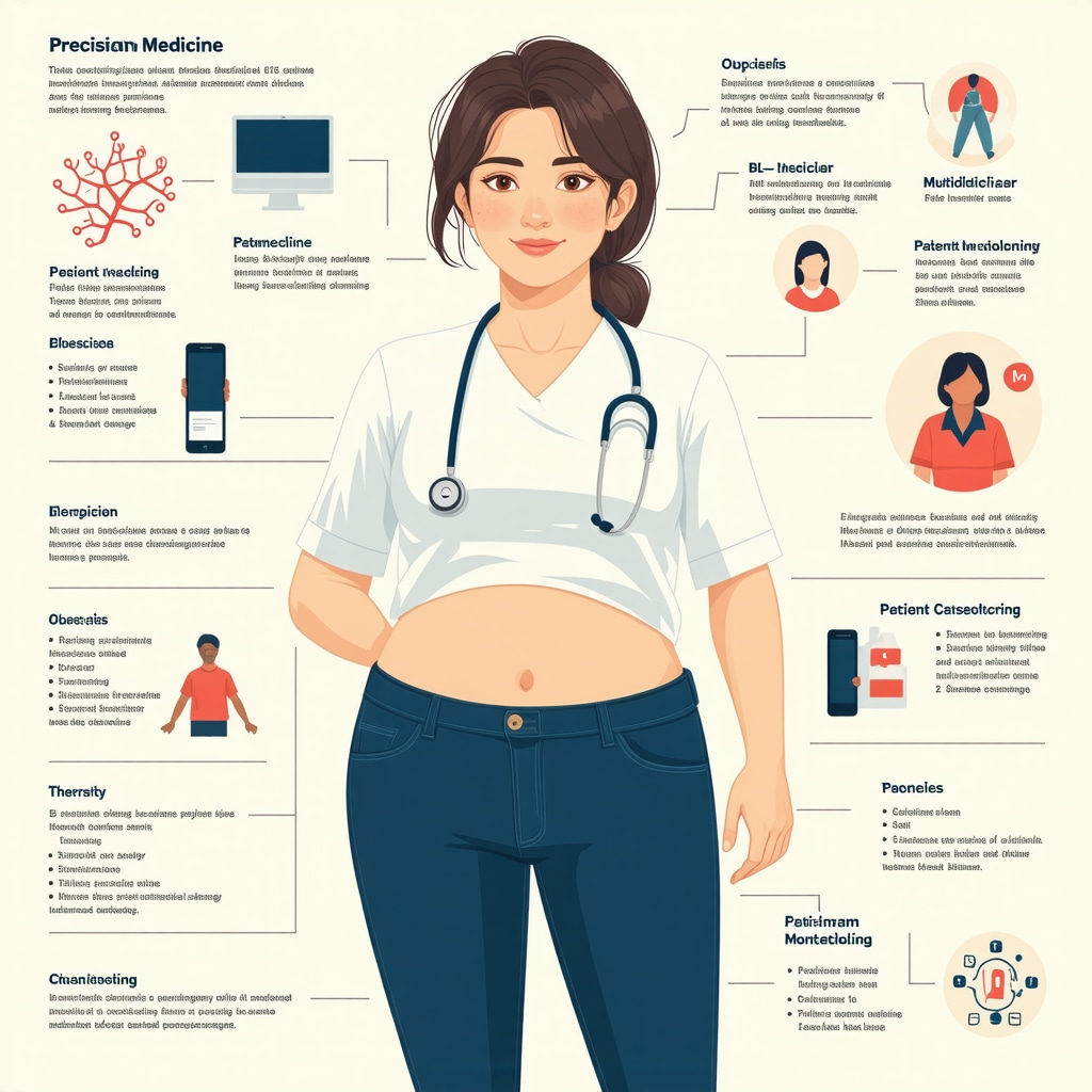 Infographic showing precision medicine, telemedicine, molecular pathways, and multidisciplinary care in GLP-1 obesity treatment