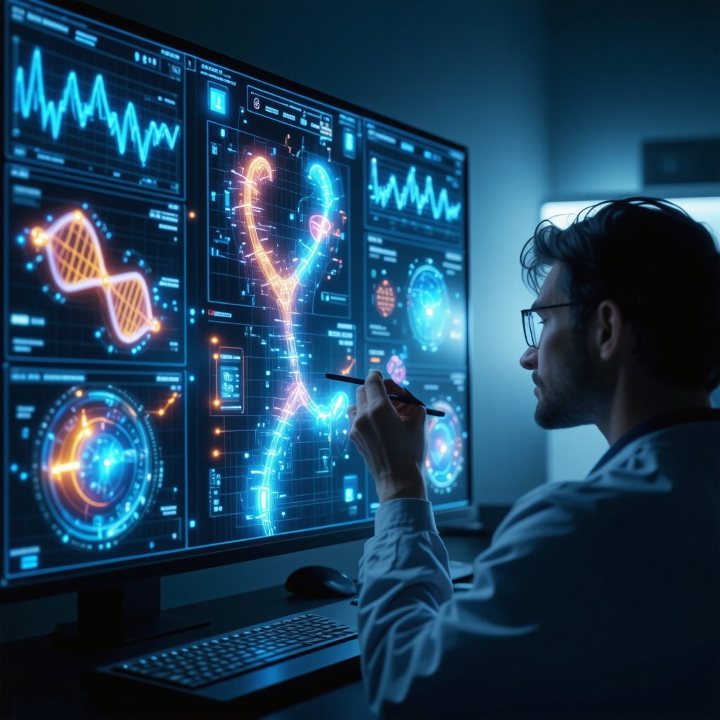 Doctor analyzing genetic and metabolic biomarkers on digital screens during GLP-1 therapy consultation