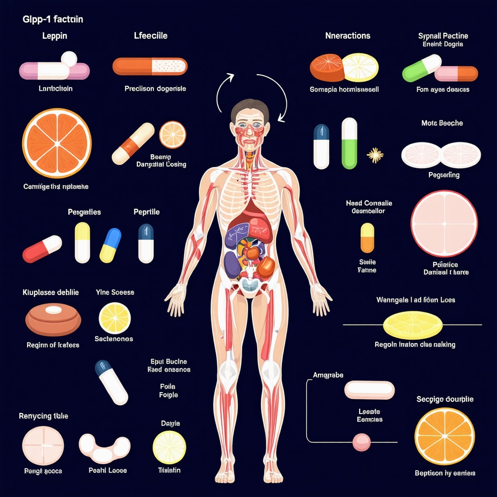 Medical infographic showing precision dosing, hormonal interactions, and lifestyle integration in GLP-1 weight loss medication therapy