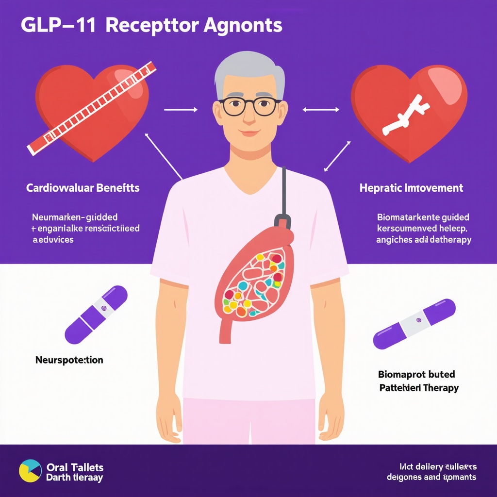 Infographic showing cardiovascular, hepatic, neuroprotective effects and innovative GLP-1 drug delivery systems