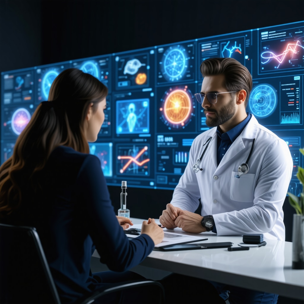 Patient and doctor consulting on personalized weight loss injections with digital health data overlays