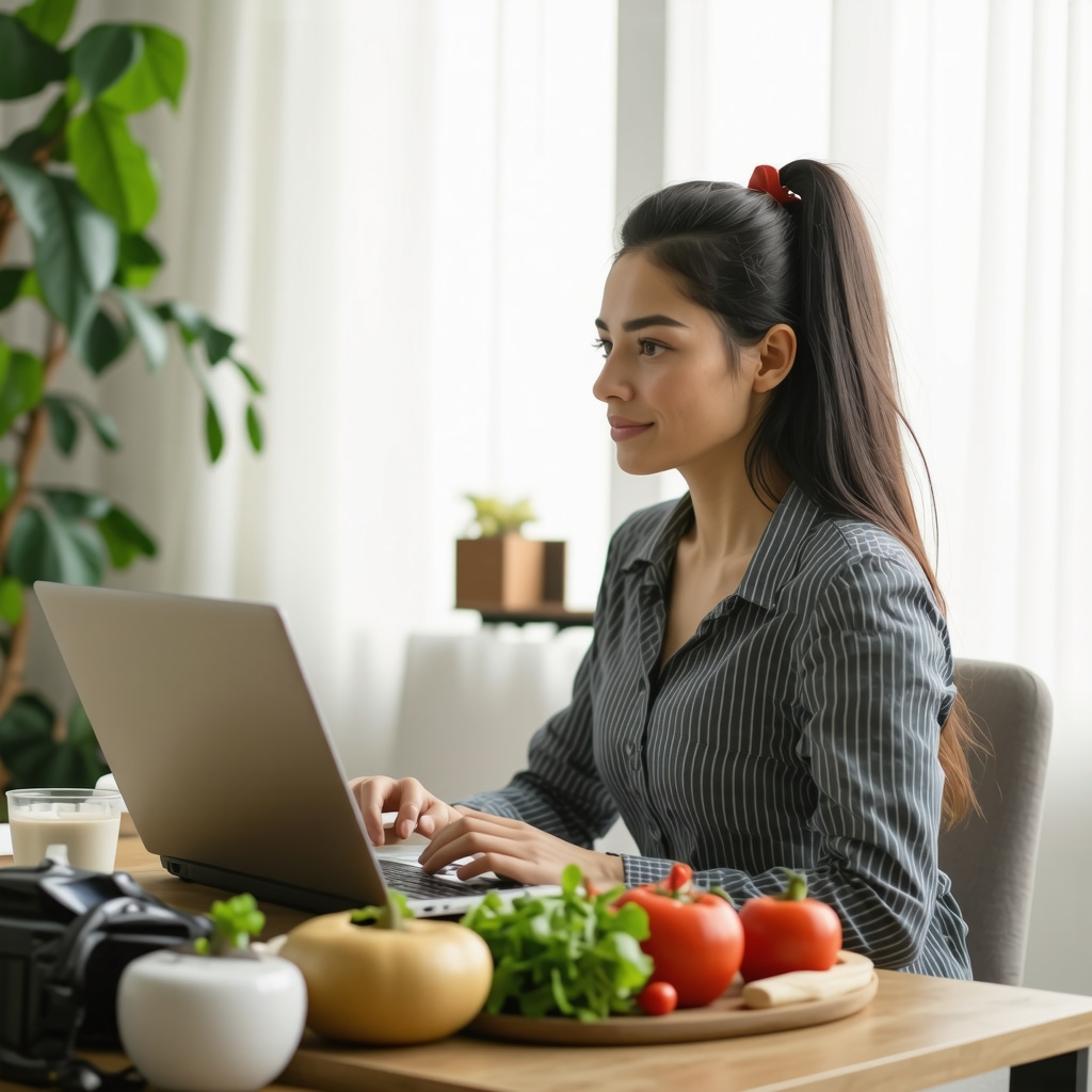 Person consulting a doctor online for weight loss treatment, surrounded by healthy foods and exercise equipment