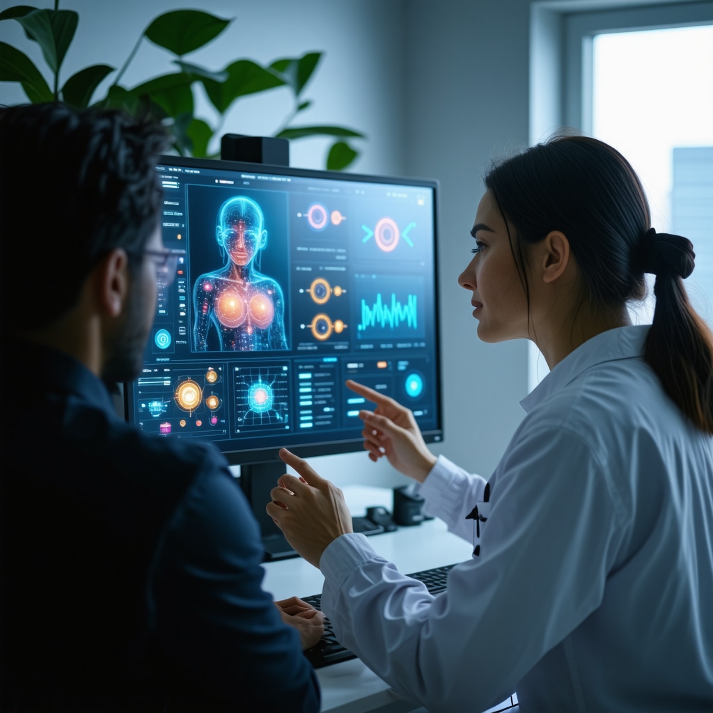 Patient interacting with AI-powered telemedicine platform displaying genetic and weight loss data