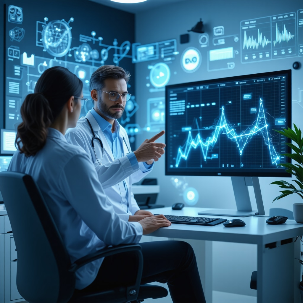 Patient consulting doctor via telemedicine with genetic data and weight loss analytics displayed