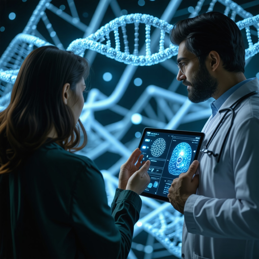 Patient using telemedicine for personalized weight loss injection consultation with digital DNA and health data overlays