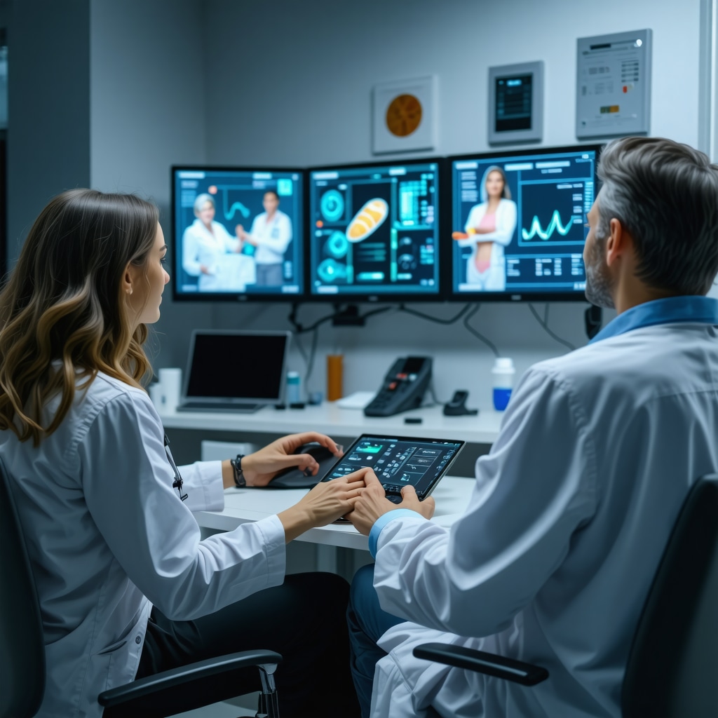 Patient having a telemedicine consultation with a doctor for personalized weight loss medication management with digital health data screens