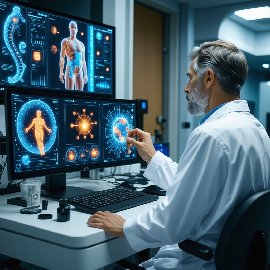 Doctor remotely monitoring patient weight loss with genetic and microbiome data visualizations