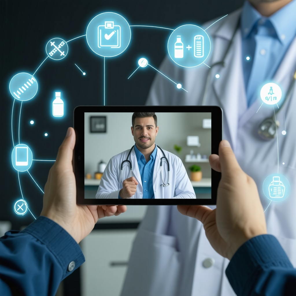 Patient consulting a doctor via telemedicine with graphical overlays of genetic and health tracking data for obesity treatment