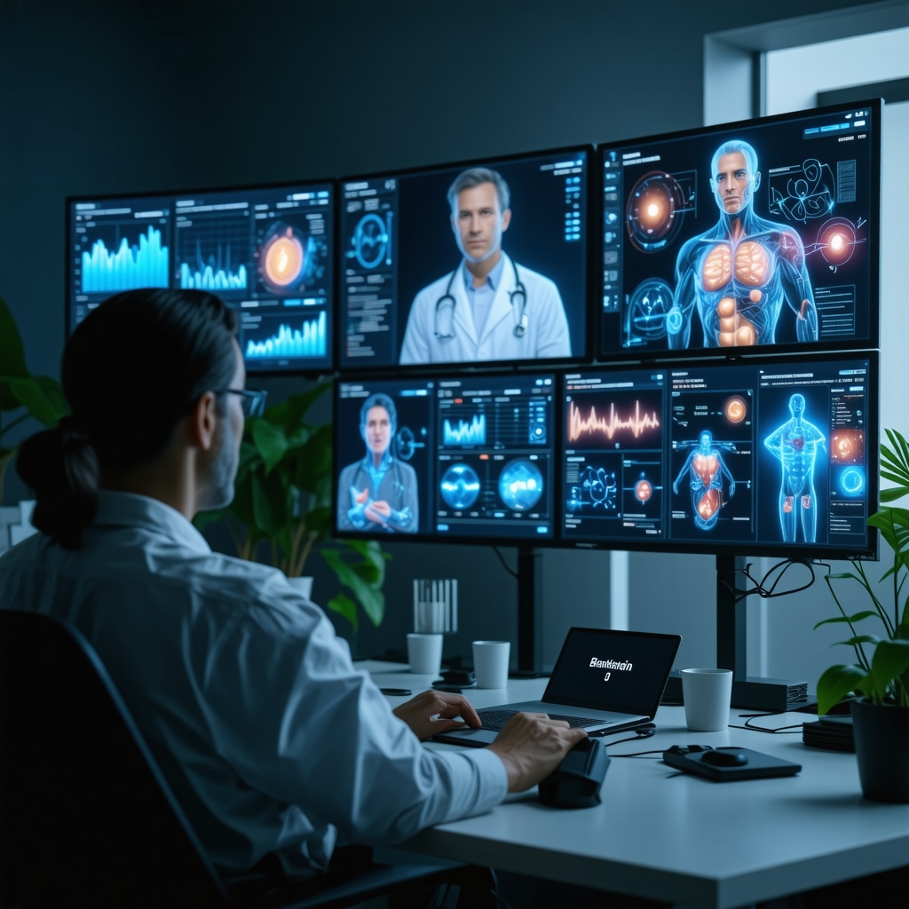 Patient consulting healthcare professionals remotely using telemedicine platforms displaying biometric data and genetic information for personalized weight loss treatment