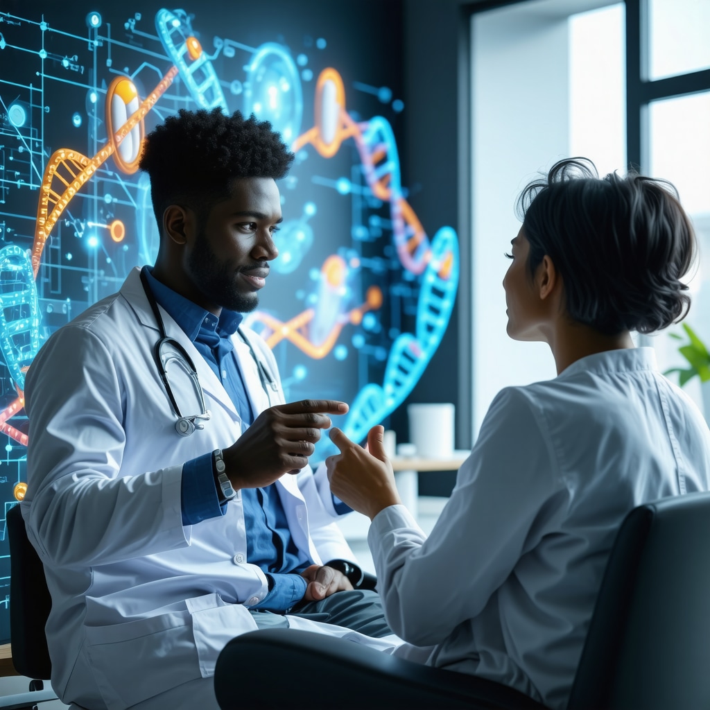 Patient consulting doctor virtually with DNA helix and medication icons representing personalized obesity treatment