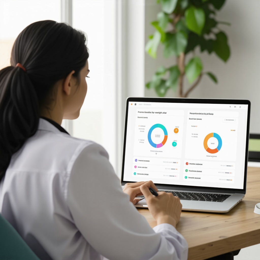 Healthcare professional providing telemedicine weight loss consultation with health metrics visible on screen