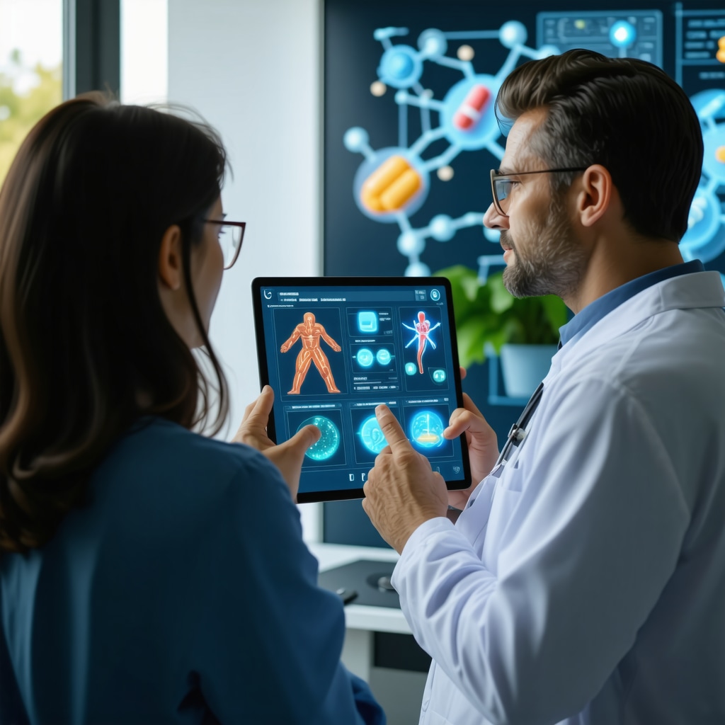 Patient consulting a doctor remotely with biometric and molecular data visualization for personalized weight loss medication