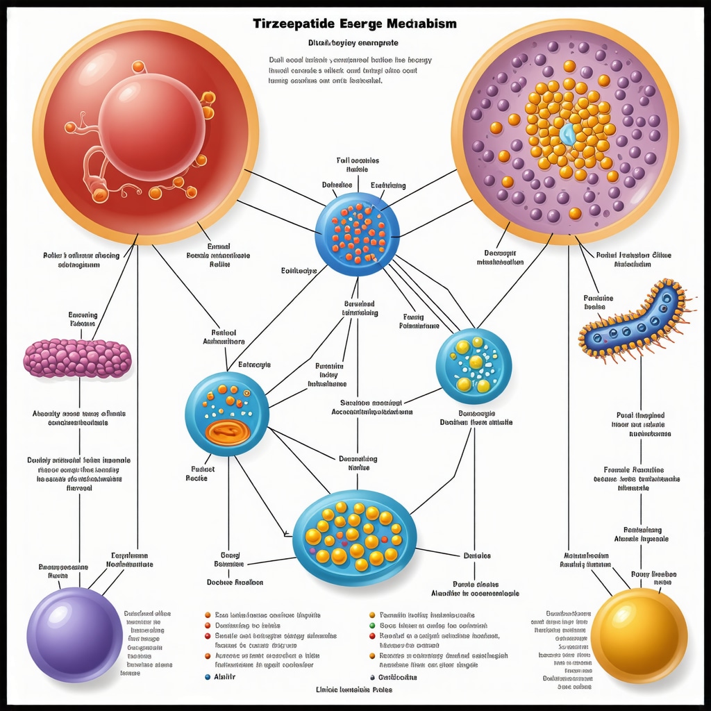 Infographic depicting Tirzepatide's dual GLP-1 and GIP receptor activation and its impact on metabolism and weight loss