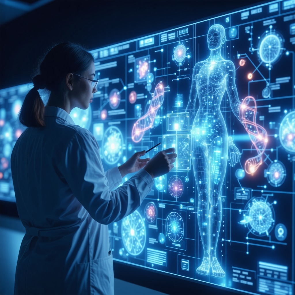 Healthcare professional reviewing AI biomarker data on digital display for obesity treatment optimization