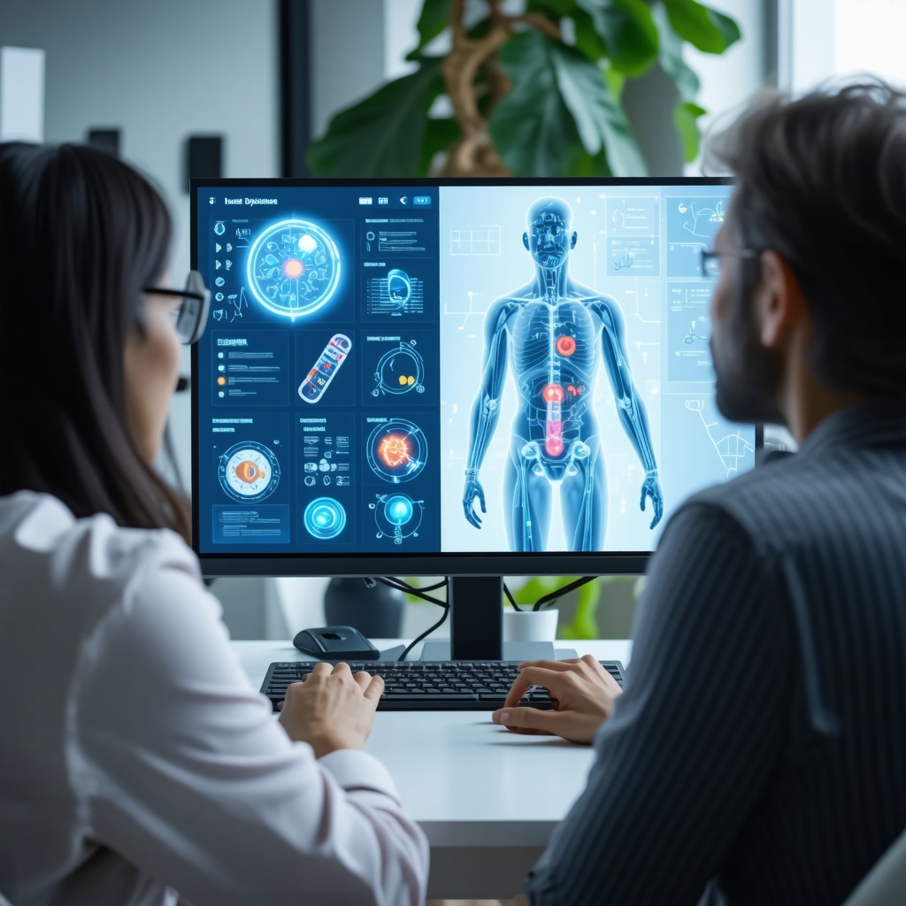 Physician using AI-driven telemedicine tools displaying genetic and metabolic data for personalized weight loss medication management