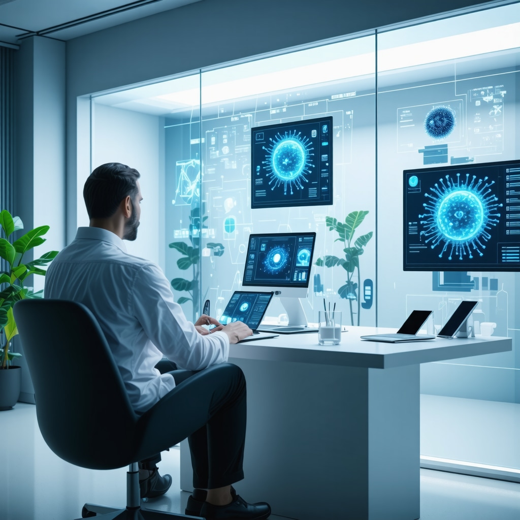 Physician and patient reviewing AI-driven genomic and microbiome analytics in telemedicine consultation